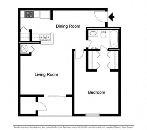 Floor plan for 1 bed, 1 bath, 650 sqft